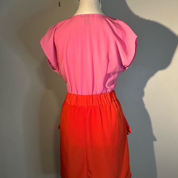 H&M V-Neck Short Sleeve Pink and Orange Mini Dress with Pockets Sz 6 - Picture 7 of 9